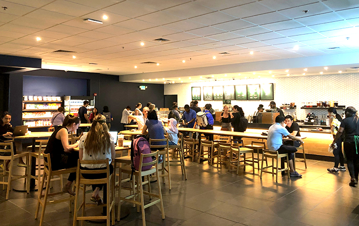 Students sit in the newly renovated Starbucks.