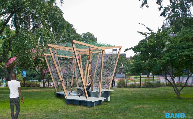 A photo of a modern sukkah on Healy Lawn.